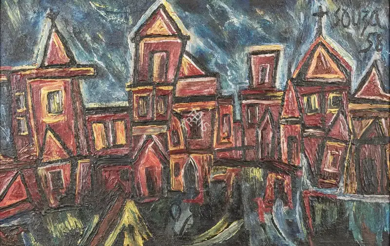 Souza, F.N. (Artist). Townscape. Oil on board, 1958 | Painting | EconomicsArt | 00871255