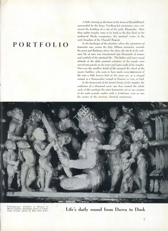 Anonymous (Essayist). Portfolio - Life's Daily round from Dawn to Dusk. In Marg - Homage to Khajuraho. 10(3), pp. 6-18. Bombay: Marg, June 1957 | Essay | FineArts | 00668862, 1957