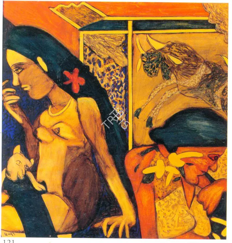 Subramanyan, K.G. (Artist). Sisters With Cat, n.d. | Painting