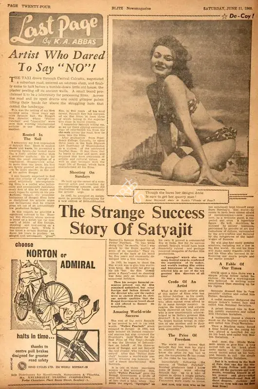 Abbas, Khwaja Ahmad (Columnist). Artist Who Dared to Say "No" !. In Blitz - Asia's Foremost News Magazine. p. 24. Bombay: Homi D. Mistry, 11 June 1960 | Essay | CinemaEducation | 00464606