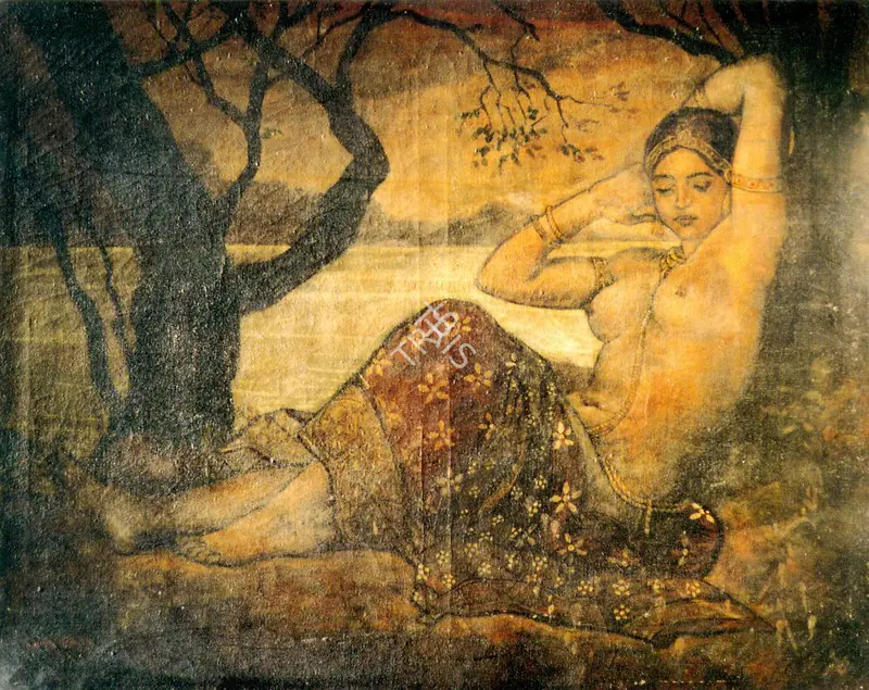 Sinha, Satish (Artist). Lady By A Lake. Oil on canvas, 1950 | Painting | FineArts | 00372807