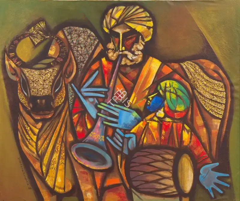 Rajendra, V. (Artist). Untitled (Man with Bull). Oil on canvas, framed, 1969 | Painting | FineArts | 00604186
