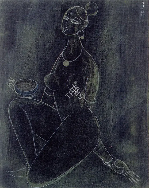 Raval, Rasik D. (Artist). Nude Holding a Bowl, n.d. | Painting