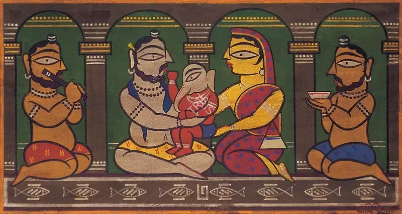 Roy, Jamini (Artist). Ganesh Shiva Parvati, late 1950s | Painting