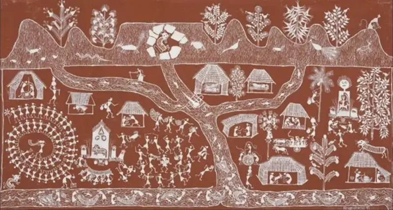 Mashe, Jivya Soma (Artist). Untitled (The Catching Dance) (Warli Painting). Geru and acrylic on raw canvas, n.d. | Painting | FineArts | 00547425