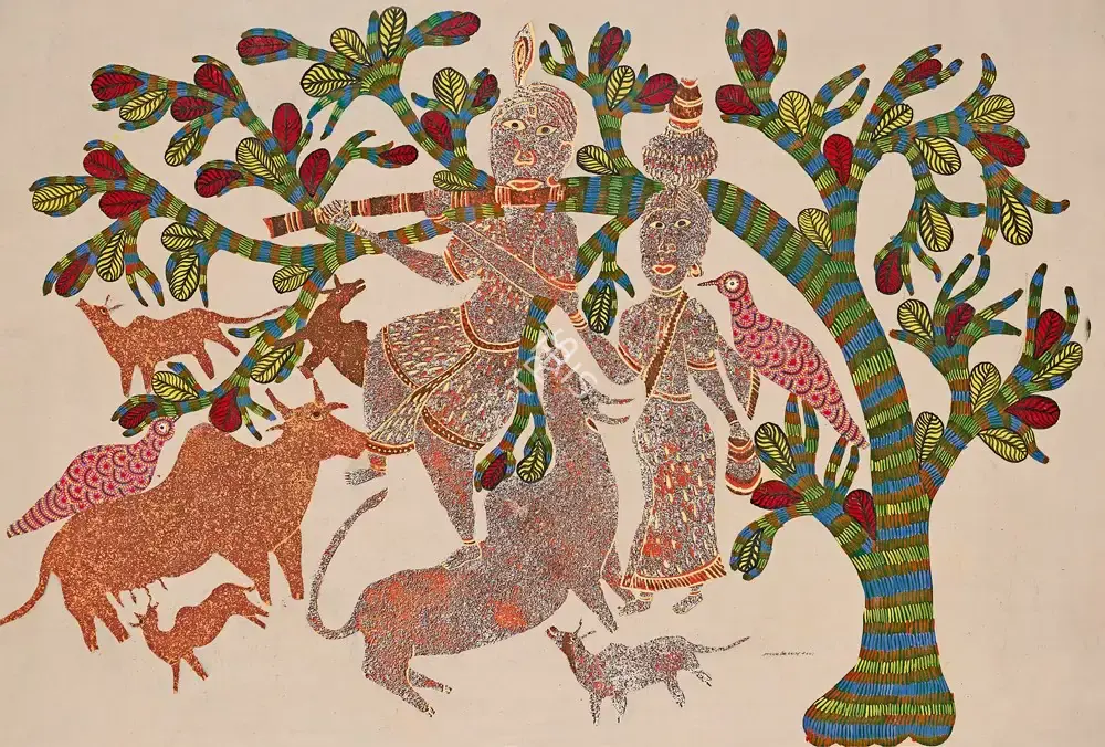 Shyam, Jangarh Singh (Artist). Krishna Lila. Serigraphy and acrylic on canvas, 2001 | Graphic Art | FineArts | 00352643
