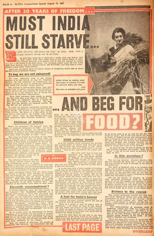 Abbas, Khwaja Ahmad (Columnist). Must India Still Starve and Beg for Food?. In Blitz - Hindi Sanskaran. p. 44. Bombay: R.K. Karanjia, 15 August 1967 | Essay | CinemaEducation | 00465011