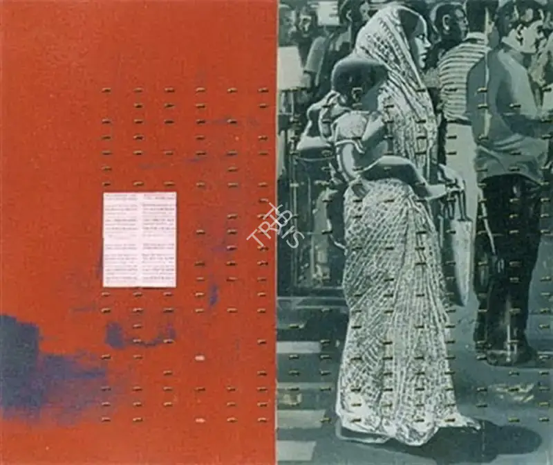Sahu, Prasanta (Artist). People on street behind a bullet painted foreground, 2001 | Painting