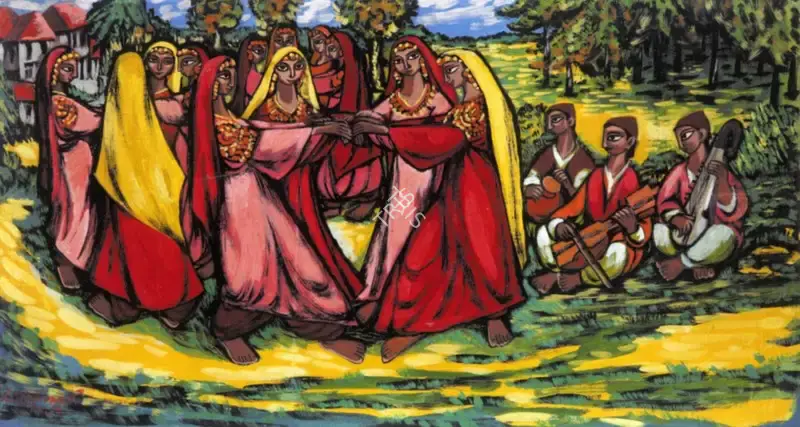 Chittaprosad (Artist). Kashmiri Dancers. Gouache on paper pasted on board, n.d. | Painting | FineArts | 00756114