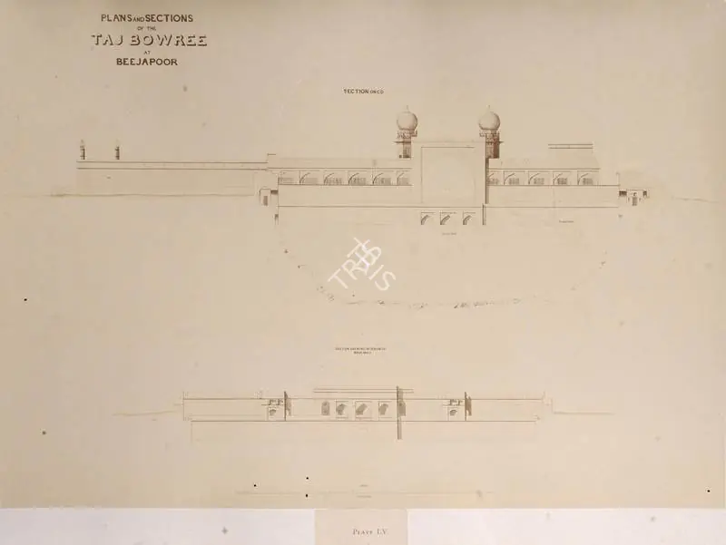 Unknown (Photographer). Plans and Sections of the Taj Bowree at Beejapoor - From the album "Architecture at Beejapoore. An Ancient Mohammedan Capital in the Bombay Presidency Published by John Murray. London 1866. Photographs by Dr. William Henry Pigou, Dr. Andrew c.Neill and Col. Thomas Biggs with an historical and descriptive memoir by Colonel Meadows Taylor and  architectural notes by James Fergusson". Albumen print pasted on mount, c.1850 | Antiquarian Photograph | Photography | 00115026