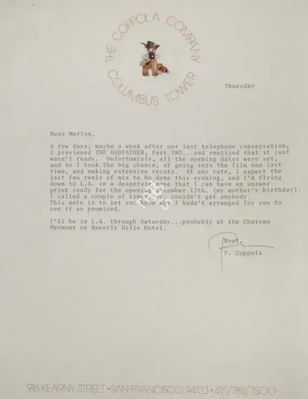 Coppola, Francis Ford (Producer), The Godfather Part II, 1974 | Signed Letter, c. 1974 | CinemaEducation | 00794138