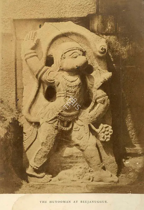 Neill, Andrew Charles Brisbane (Photographer). The Hunooman at Beejanuggur - From the album "Architecture in Dharwar and Mysore Published by John Murray. London 1866. Photographs by Dr. William Henry Pigou, Dr. Andrew C. Neill and Col. Thomas Biggs with an historical and descriptive memoir by Colonel Meadows Taylor and architectural notes by James Fergusson". Albumen print pasted on mount, 1856 | Antiquarian Photograph | Photography | 00115773