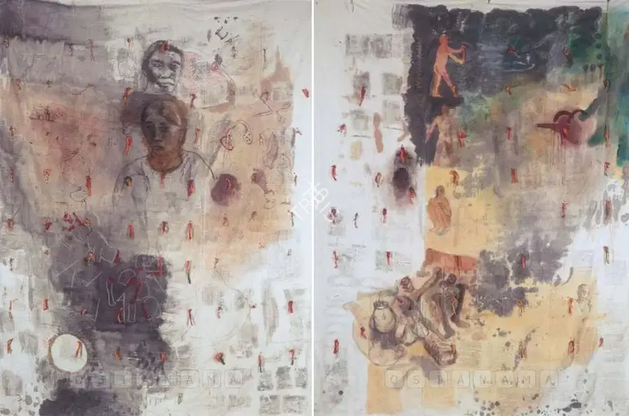 Malani, Nalini (Artist). Excavated Images. Ink, watercolour and oil on white cotton quilt, dyed threads and safety pins, n.d. | Painting | FineArts | 00598751