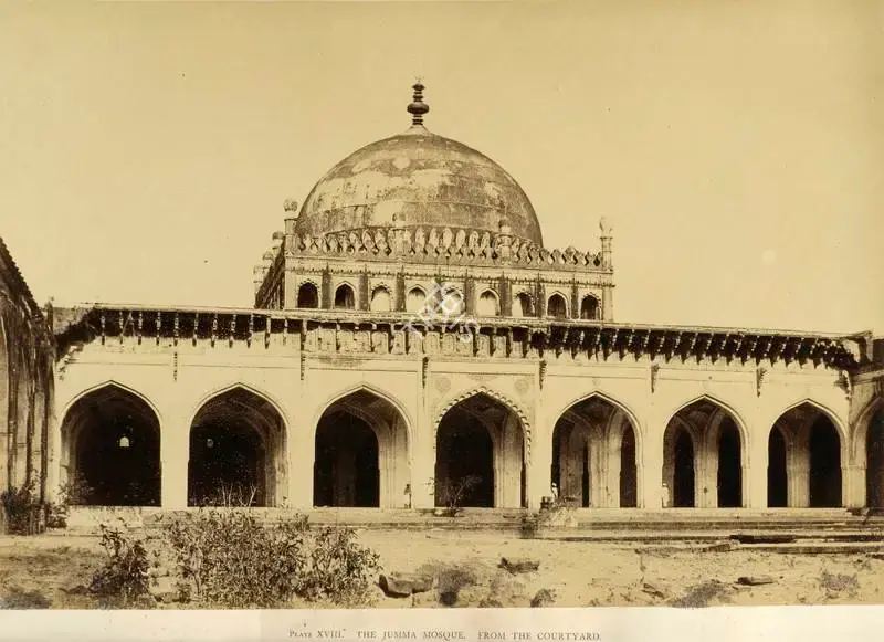 Biggs, Colonel Thomas (Photographer). The Jumma Mosque. From the courtyard, Bijapur - From the album "Architecture at Beejapoore. An Ancient Mohammedan Capital in the Bombay Presidency Published by John Murray. London 1866. Photographs by Dr. William Henry Pigou, Dr. Andrew c.Neill and Col. Thomas Biggs with an historical and descriptive memoir by Colonel Meadows Taylor and  architectural notes by James Fergusson". Albumen print pasted on mount, c.1855 | Antiquarian Photograph | Photography | 00115112