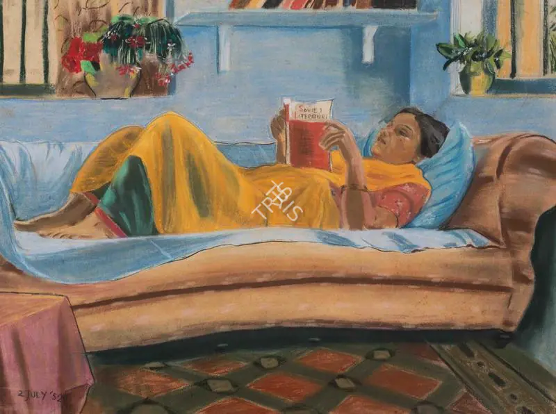 Chittaprosad (Artist). Untitled (Woman Reading). Mixed media on paper, 1952 | Painting | FineArts | 00604208