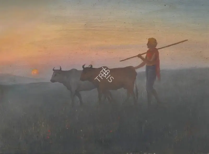 Gangooly, J.P. (Artist). Untitled (Shepherd with Cows). Oil on canvas, n.d. | Painting | FineArts | 00646704