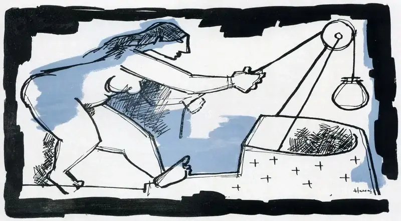 Husain, M.F. (Artist). At the Well. Pen and ink, n.d. | Marg, June 1955 | Drawing | FineArts | 00674266