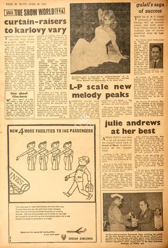 Nadkarni, D.V. (Reviewer). Curtain - Raisers to Karlovy Vary. In Blitz - India's Greatest Weekly. p. 18. Bombay: R.K. Karanjia, 30 April 1966 | Film Review | CinemaEducation | 00142844