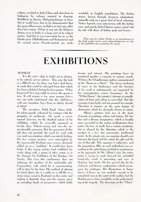 S, S.J. (Essayist). Exhibitions - Bombay. In Marg. 6(2), pp. 78-79. Bombay: Modern Artists and Architects Research Group, April 1953 | Essay | FineArts | 00668814, 1953