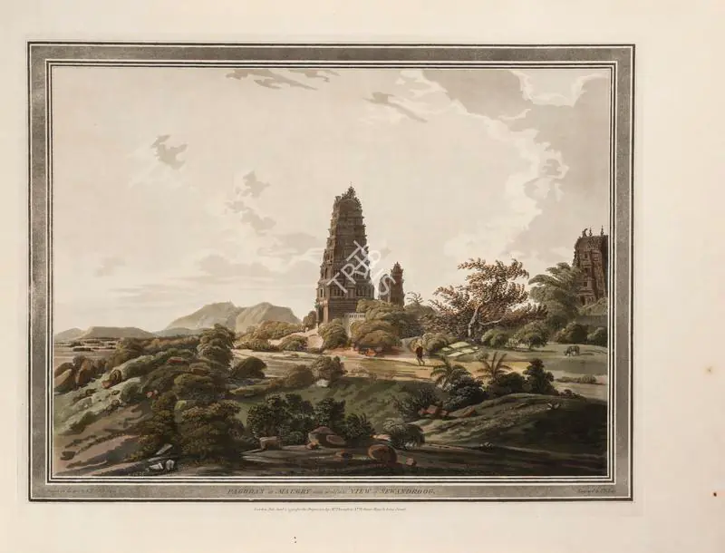 Edy, John William (Engraver). Pagodas at Maugry with a distant view of Sewandroog. Print on paper, 01 January 1794 | Engraving, Twelve Views of Places in the Kingdom of Mysore, The Country of Tippoo Sultan, from Drawings Taken on the Spot, 1794 | ArcHeritage | 00156223