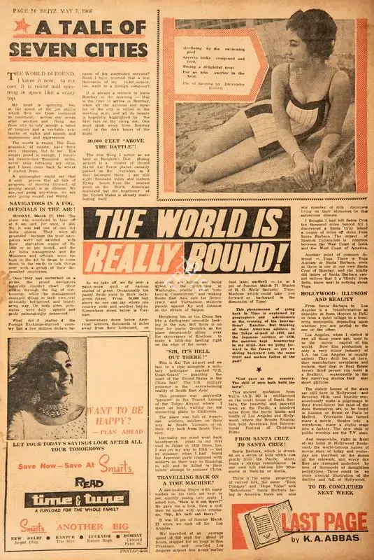 Abbas, Khwaja Ahmad (Columnist). The World is Really Round !. In Blitz - India's Greatest Weekly. p. 24. Bombay: R.K. Karanjia, 07 May 1966 | Essay | CinemaEducation | 00464908