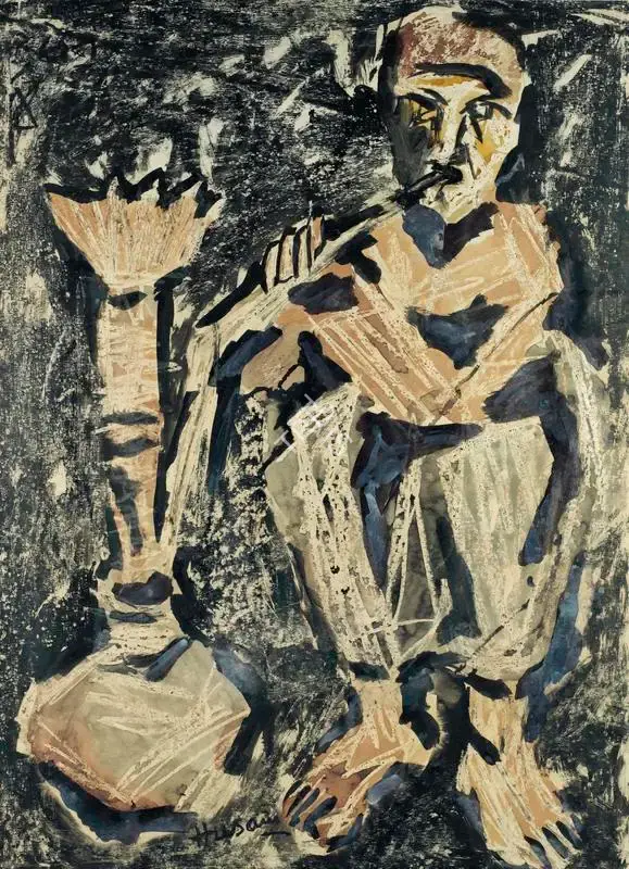 Husain, M.F. (Artist). Untitled (Man Smoking Huqqa), c.1950s | Painting