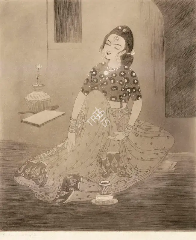 Chughtai, M.A.R. (Artist). Untitled (Seated Woman), n.d. | Graphic Art