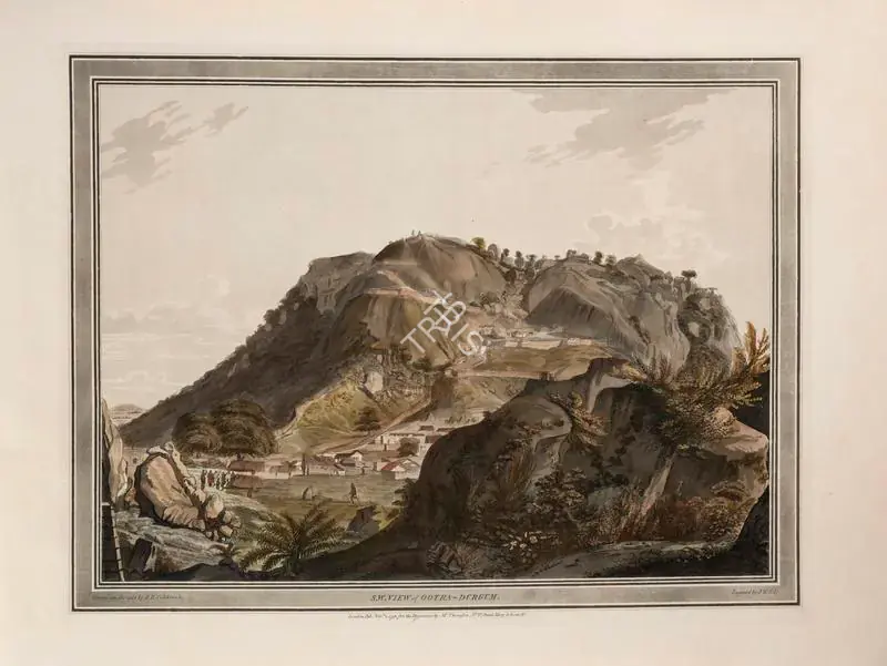 Edy, John William (Engraver). South West view of Oottra-Durgum. Print on paper, 01 November 1793 | Engraving, Twelve Views of Places in the Kingdom of Mysore, The Country of Tippoo Sultan, from Drawings Taken on the Spot, 1794 | ArcHeritage | 00156227
