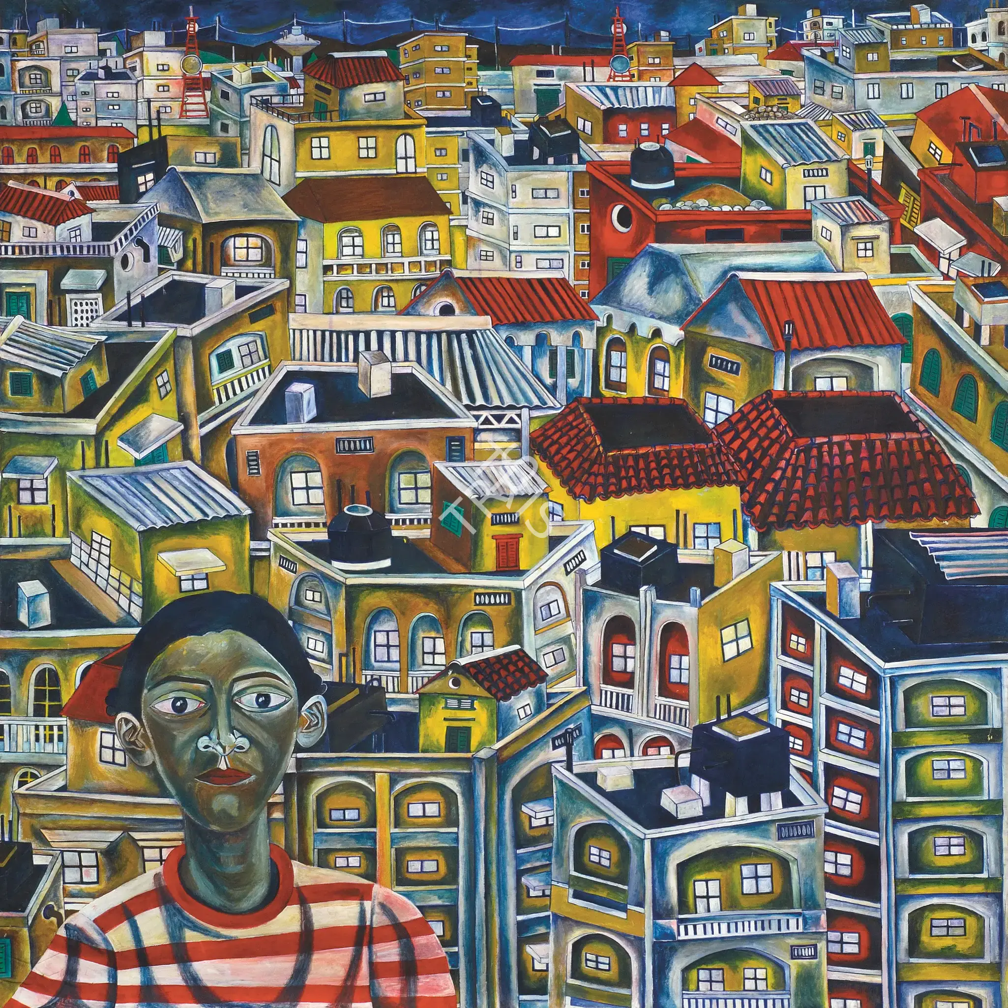 Goud, Nandini (Artist). Self Portrait in City. Oil on canvas, 1996 | Painting | FineArts | 00900462