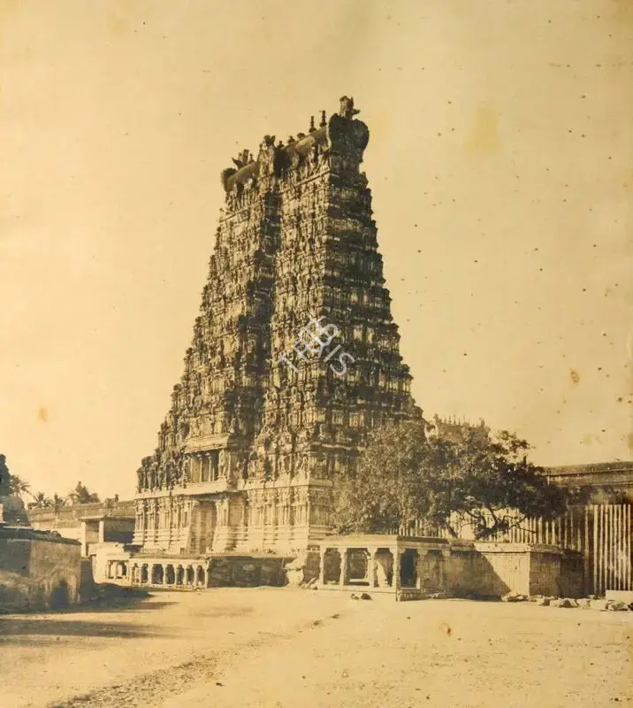 Tripe, Capt. Linnaeus (Photographer). The East Gopuram of the Great Pagoda, Madura - From the album "Photographic views in Madura Part 1 (1860)" By Captain L.. Tripe, Government Photographer With Descriptive Notes, By M. Norman, ESQ., M.C.S. 1858". Albumen print from waxed paper negative, 1858 | Antiquarian Photograph | Photography | 00116035