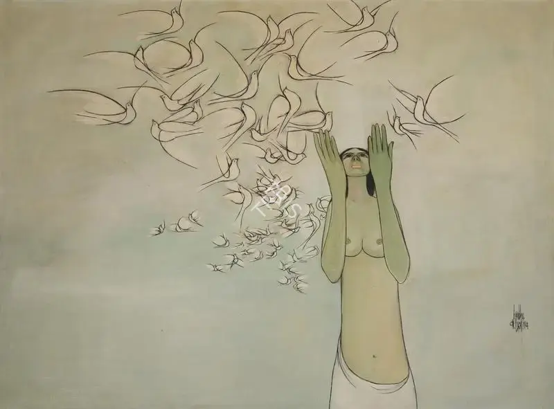 Prabha, B. (Artist). Untitled (Woman with Birds), 1969 | Painting