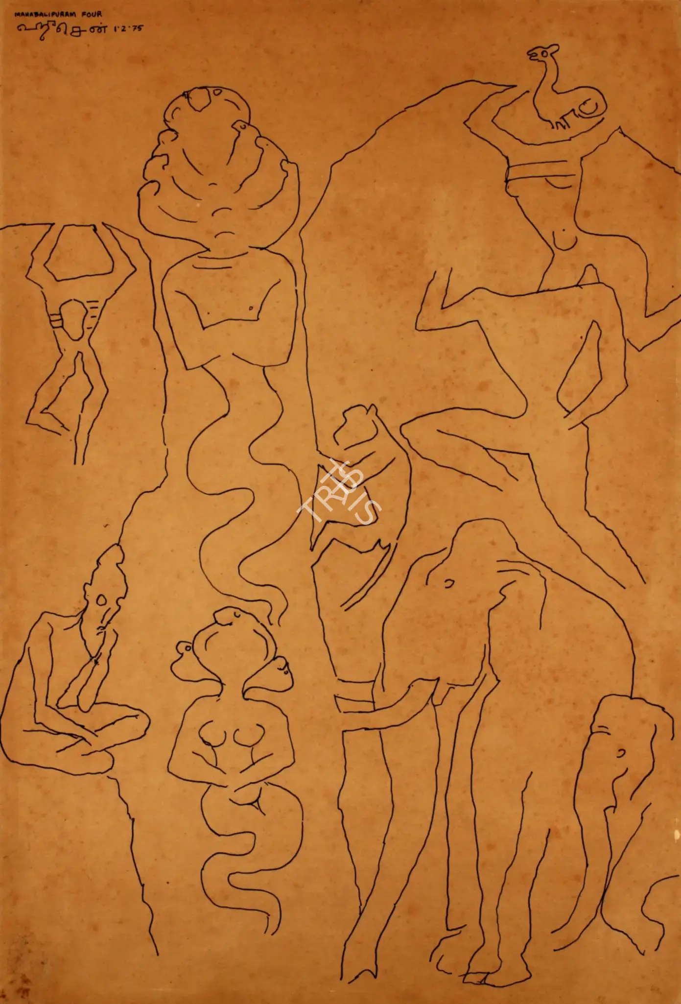 Husain, M.F. (Artist). Mahabalipuram Four, 1975 | Drawing