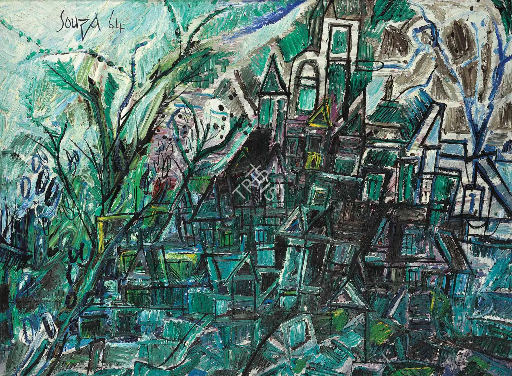 Souza, F.N. (Artist). Houses On A Green Hill, 1964 | Painting