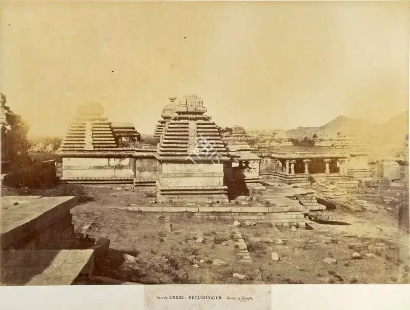 Pigou, William Henry (Photographer). Beejanuggur. Group of Temples - From the album "Architecture in Dharwar and Mysore Published by John Murray. London 1866. Photographs by Dr. William Henry Pigou, Dr. Andrew c.Neill and Col. Thomas Biggs with an historical and descriptive memoir by Colonel Meadows Taylor and  architectural notes by James Fergusson". Albumen print pasted on mount, c.1857 | Antiquarian Photograph | Photography | 00115054