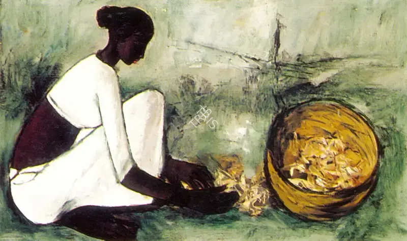 Prabha, B. (Artist). Seated Woman with Basket, n.d. | Painting