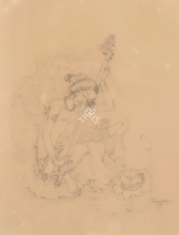 Ukil, Sarada (Artist). Saraswati. Pencil on paper, 1937 | Painting | FineArts | 00357680