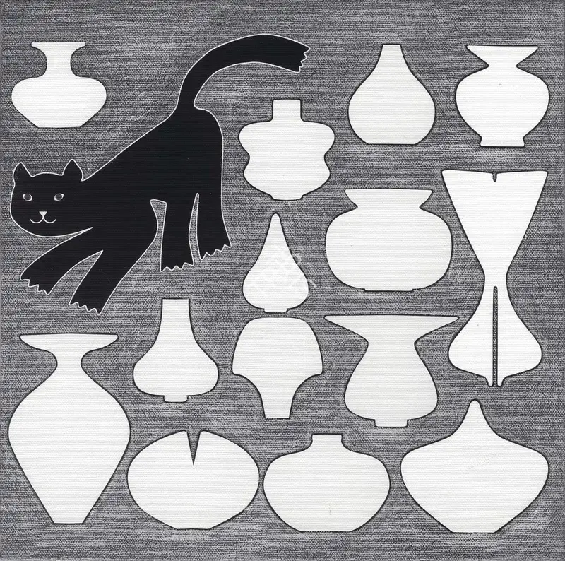 Bhatt, Jyotsna (Artist). Pots and Cat. Acrylic on canvas, 1985 | Painting | FineArts | 00363774
