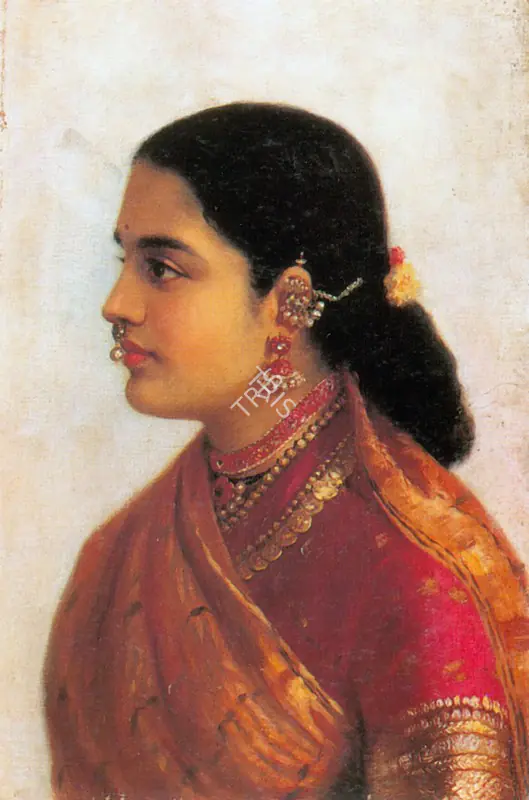 Varma, Raja Ravi (Artist). Portrait of a Young Woman in Russet and Crimson Sari, n.d. | Painting