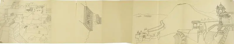 Khakhar, Bhupen (Artist). Three panoramic views of Baroda three views on one rectangular sheet of paper, folded in concertina form , n.d. | Drawing