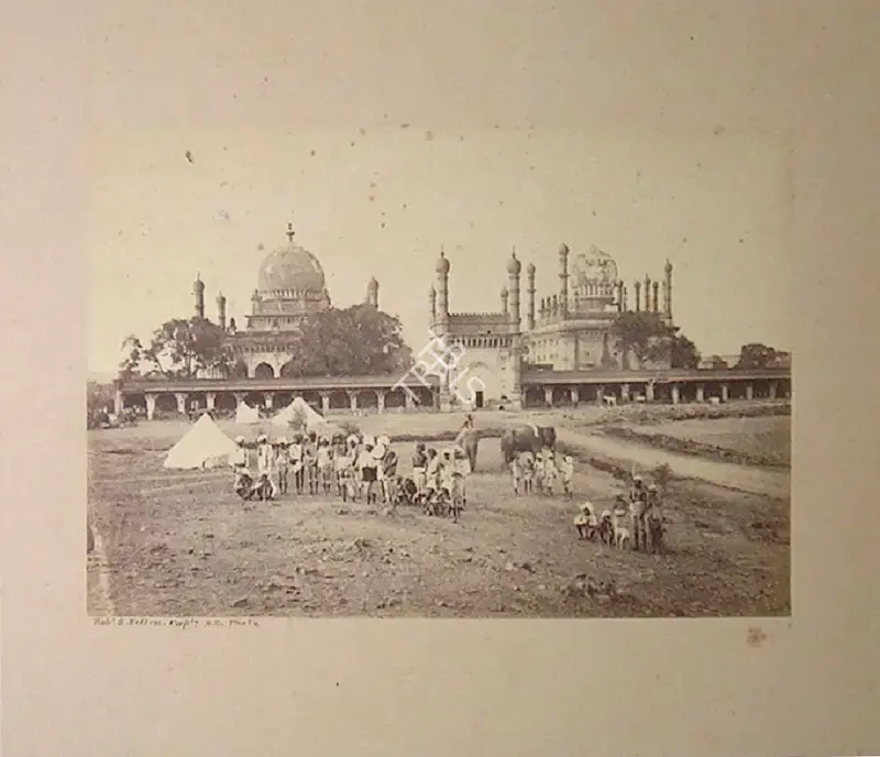Sellon, Capt. Robert S. (Photographer). General exterior view of the Ibrahim Rosa Beejapoor Showing Mosque Tomb and Gateway. Albumen print pasted on mount, n.d. | Antiquarian Photograph | Photography | 00115802