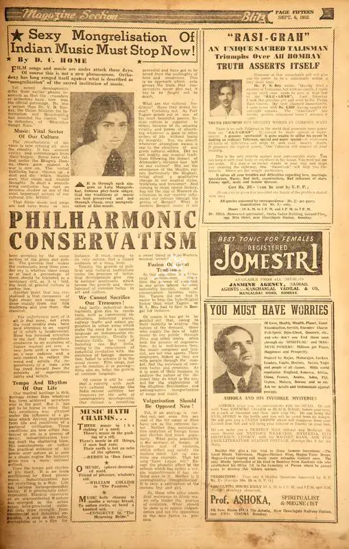 Philharmonic Conservatism. In Blitz - Asia's Foremost News Magazine. p. 15. Bombay: R.K. Karanjia, 06 September 1952 | Film Review | CinemaEducation | 00144173