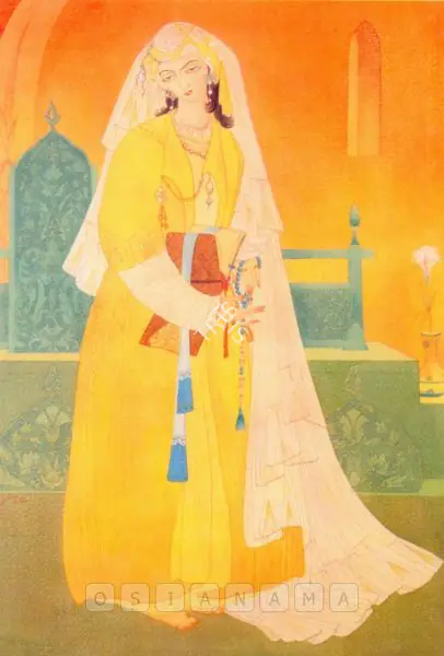 Chughtai, M.A.R. (Artist). A Princess Standing Holding A Book And A Rosary. Line, wash and watercolour on paper, n.d. | Painting | FineArts | 00374312