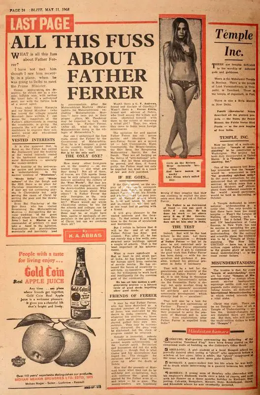 Abbas, Khwaja Ahmad (Columnist). All This Fuss About Father Ferrer. In Blitz - India's Greatest Weekly. p. 24. Bombay: R.K. Karanjia, 11 May 1968 | Essay | CinemaEducation | 00465481