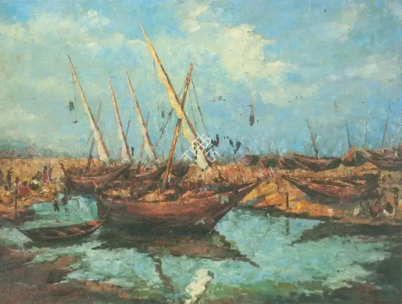 Pathare, Prema (Artist). Fishing Boats off Alibag/Mandwa. Oil on canvas, n.d. | Painting  | 00877678