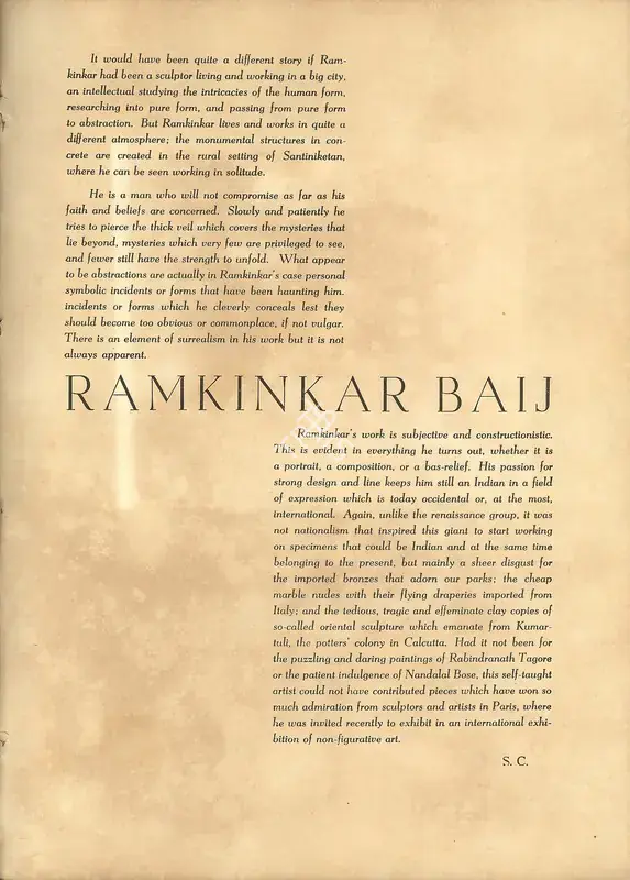 C., S. (Essayist). Seven Contemporary Artists - Ramkinkar Baij. In Marg. 5(1), pp. 44-45. Bombay: Modern Artists and Architects Research Group, July 1951 | Essay | FineArts | 00668801, 1951