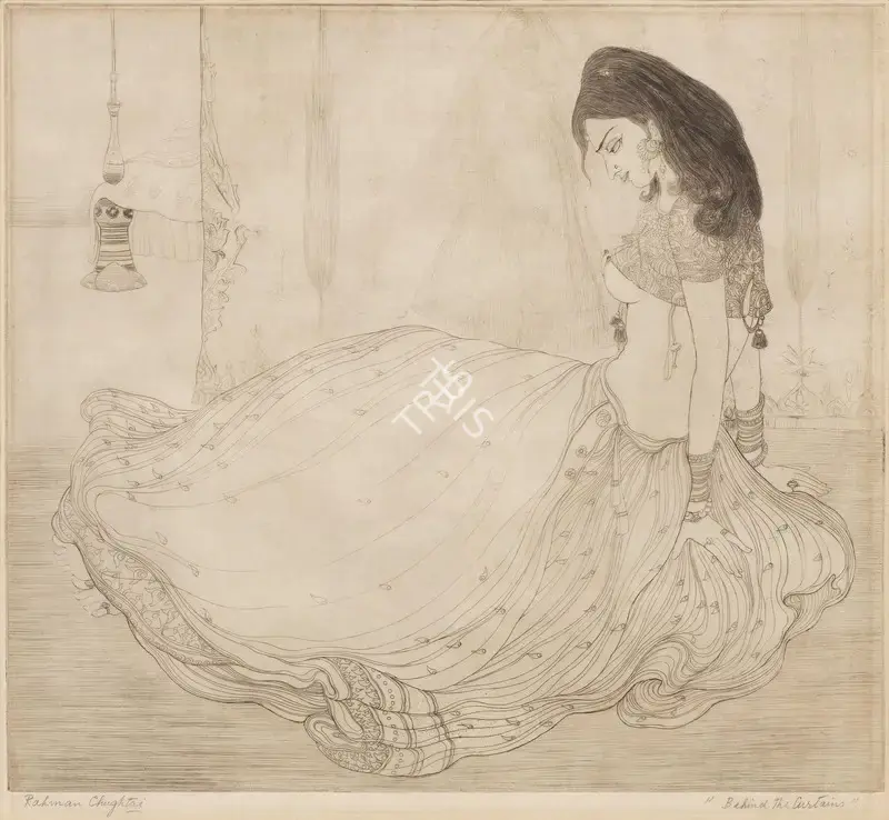 Chughtai, M.A.R. (Artist). Behind the Curtain. Etching, framed, n.d. | Graphic Art | EconomicsArt | 00871187