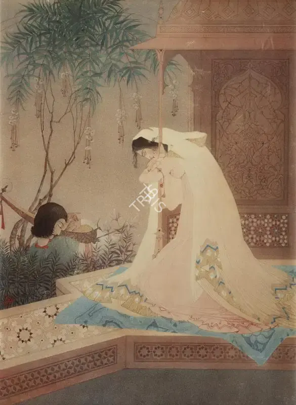Chughtai, M.A.R. (Artist). Untitled (For a Song). Collotyped reproduction hand touched with gold and pencil, n.d. | Painting  | 00866498