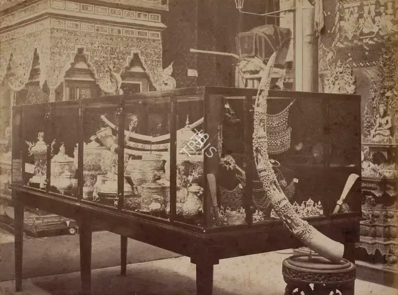 Narayan, Shew Shankar (Photographer). Carved Tusk and Repousse Silver Work - Burmese Court - From the album 'Calcutta International 1883-84 Exhibition Views'. Albumen print pasted on mount, 1883-1884 | Antiquarian Photograph | Photography | 00115301