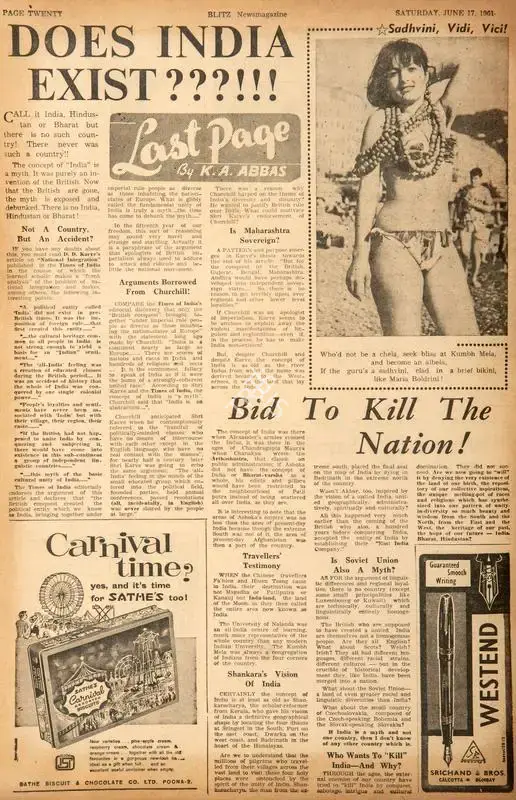 Abbas, Khwaja Ahmad (Columnist). Bid to Kill the Nation !. In Blitz - India's Greatest Weekly. p. 20. Bombay: R.K. Karanjia, 17 June 1961 | Essay | CinemaEducation | 00464657