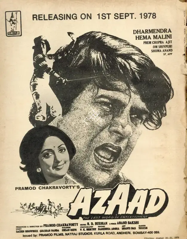 Chakravorty, Pramod (Producer), Azaad, 1978 | Advertisement, Filmfare, 16 August 1978 | CinemaEducation | 00791589